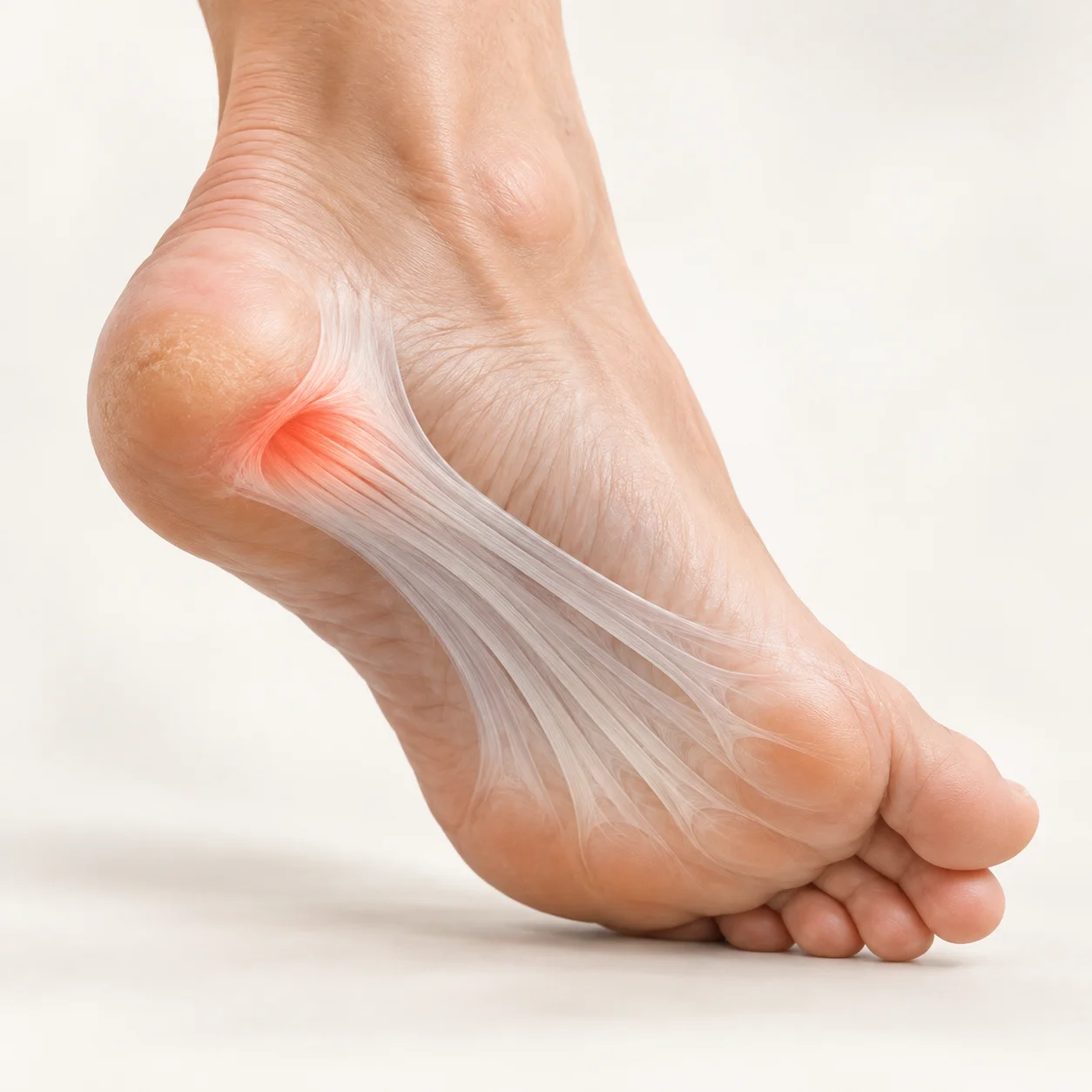 Ilustración de la fascia plantar y la zona de dolor en el talón