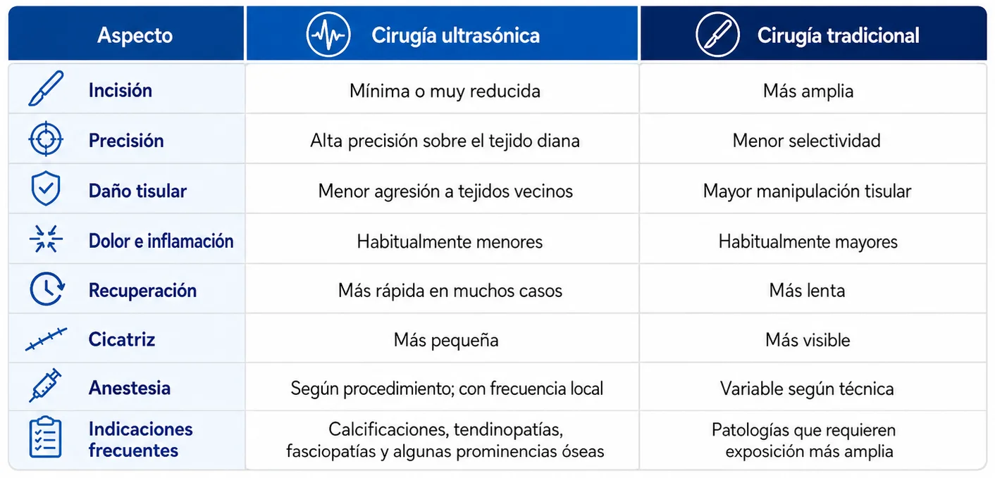 Tabla comparativa de técnicas de cirugía ultrasónica